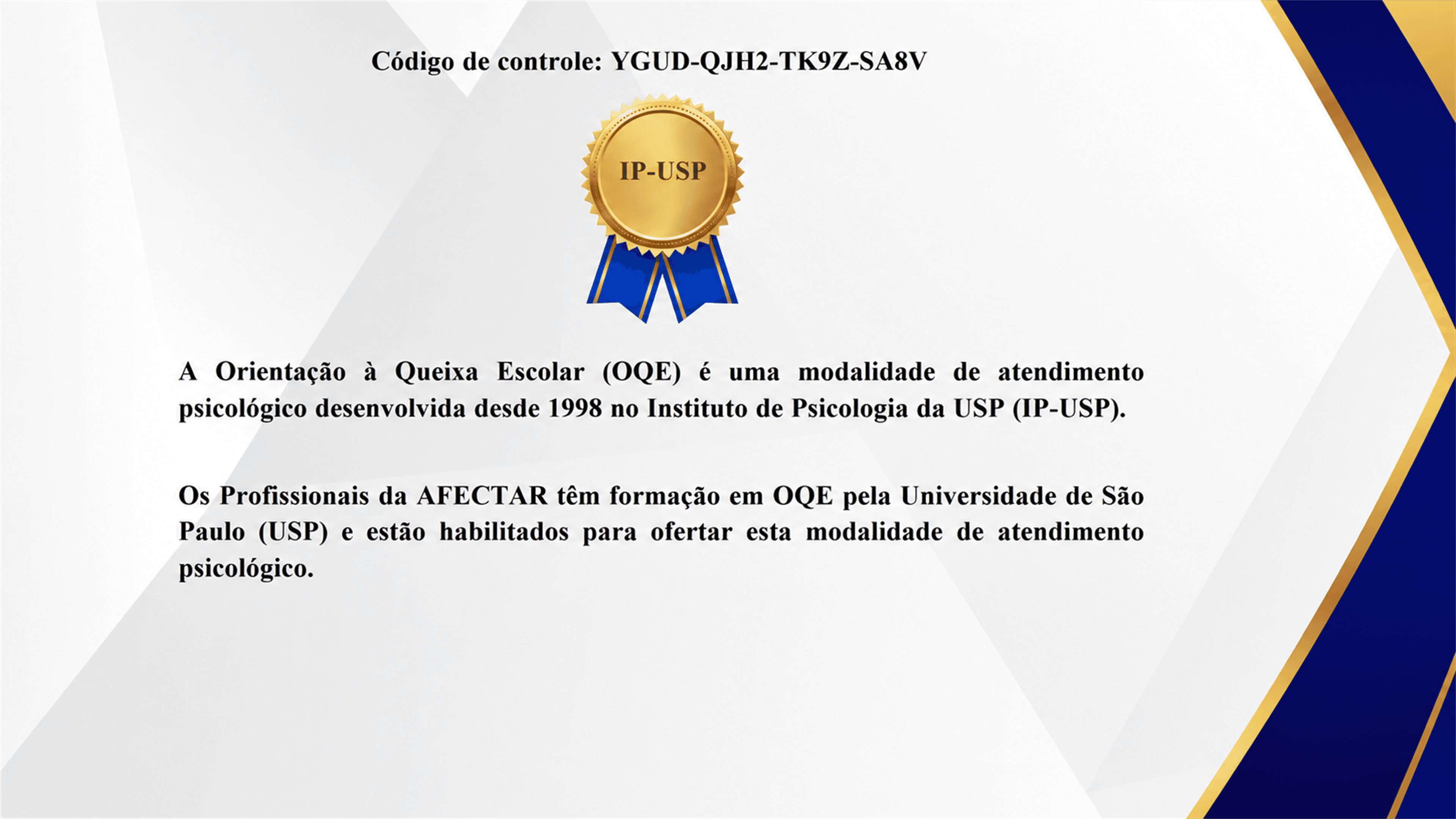 Certificação IP-USP com código de controle YGUD-QJH2-TK9Z-SA8V